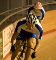Chris Hoy and Ross Edgar. GB track cycling squad pre-Olympic training camp. Newport Velodrome. 02/08/2008. Nikon D200 - 1/180 sec @ f5.6, ISO 1600 (0920_0070.jpg)