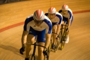 Sprinters, led by Chris Hoy. GB track cycling squad pre-Olympic training camp. Newport Velodrome. 02/08/2008. Nikon D200 - 1/160 sec @ f5.6, ISO 1600 (0920_0114.jpg)