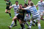 Paul Diggin high-tackled by Butch James. Northampton Saints v Bath Rugby. Franklin's Gardens, Northampton. 22/11/2008. Nikon D200 - 1/200 sec @ f5.6, ISO 640 (0949_0107.jpg)